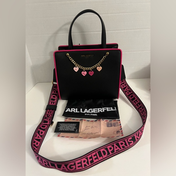 New KARL KAHERFEKD PARIS BLACK FUSCHIA LOVE STYLE CROSSBODY BAG - Picture 5 of 16